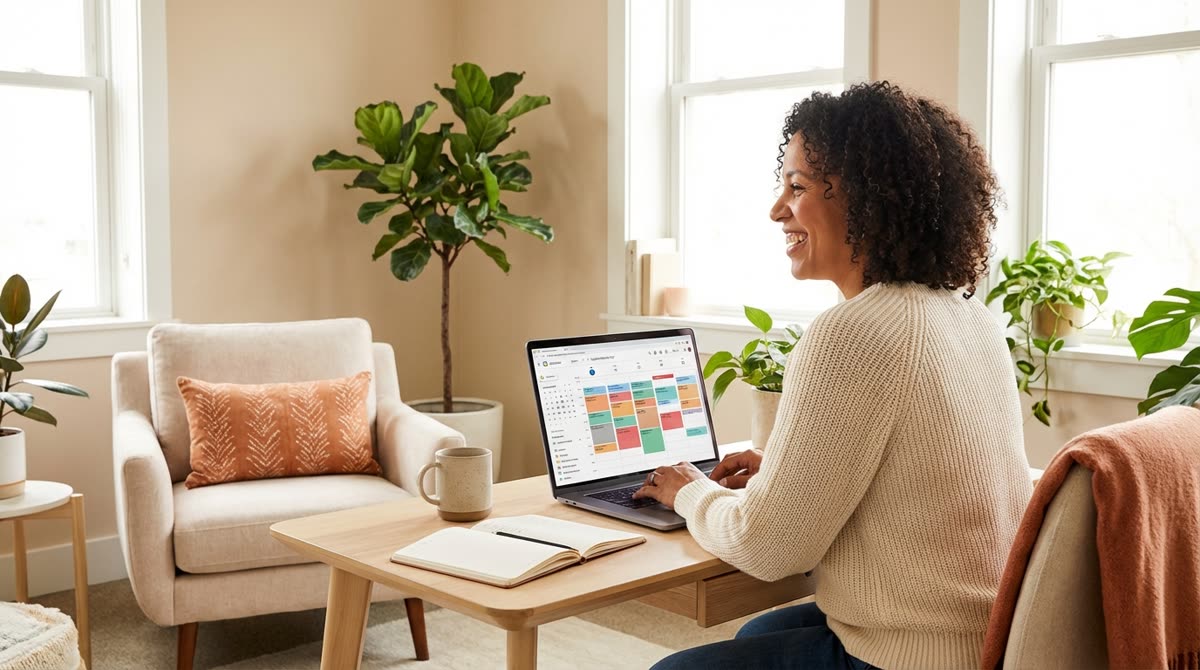Terapeuta con consulta llena, sonriendo ante su calendario